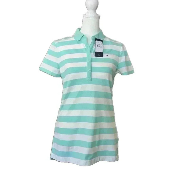 Tommy Hilfiger Aqua Stripe Polo Shirt Too Small Petite NWT - Picture 1 of 6